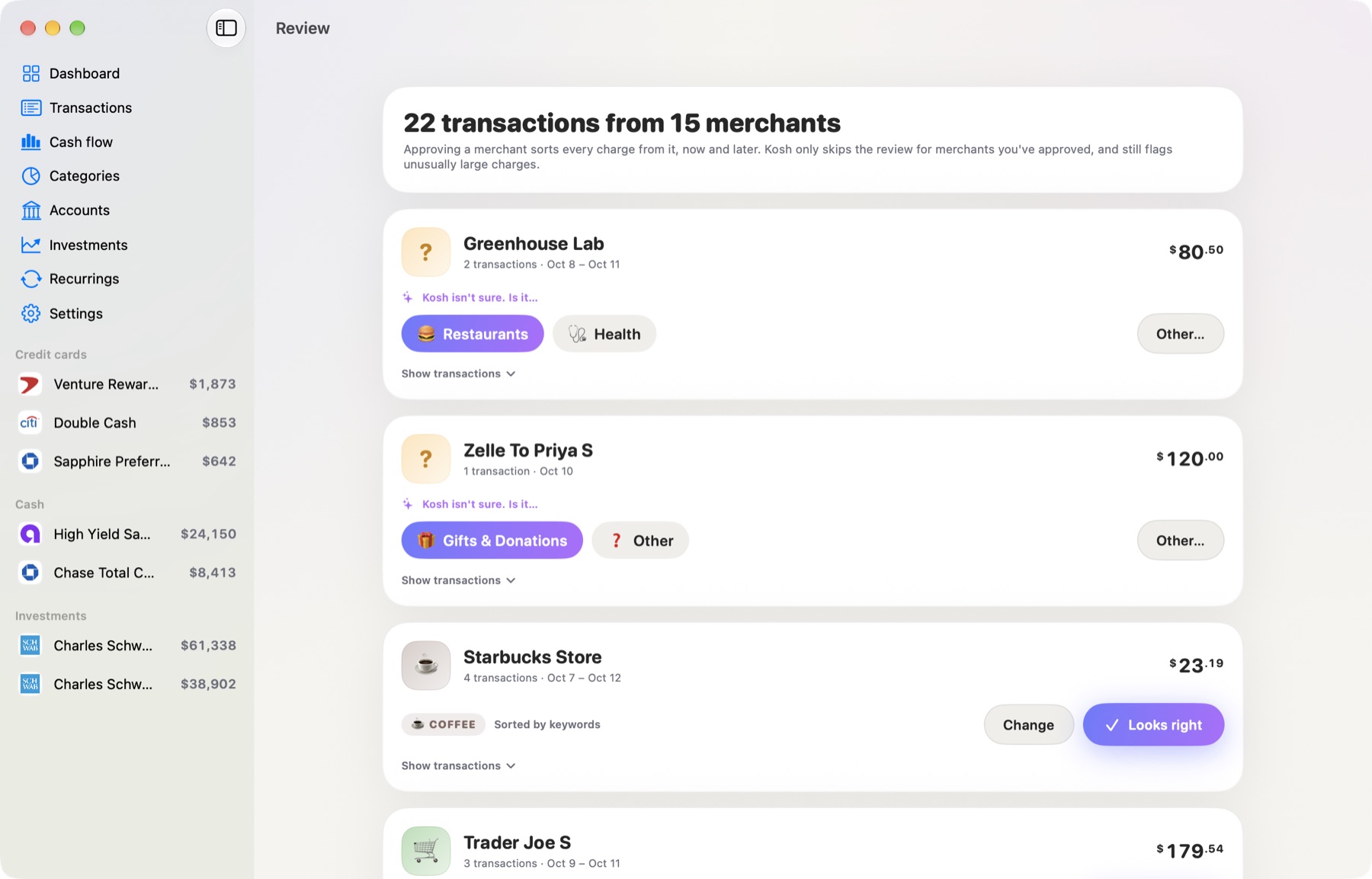 Kosh's review screen grouping transactions by merchant, with suggested categories and a Looks right button.