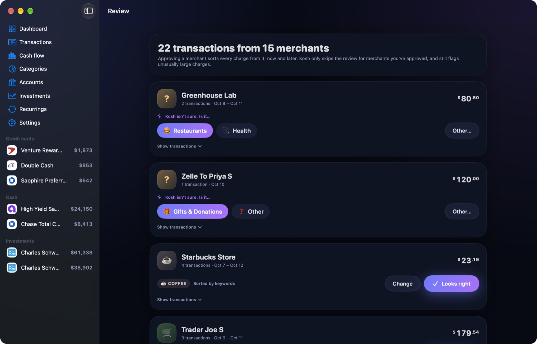 Kosh's review screen grouping transactions by merchant, with suggested categories and a Looks right button.